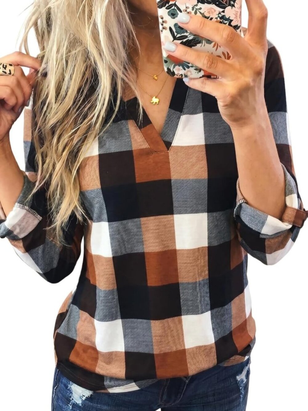 Plaid Cotton 3/4 Sleeve Cuffed Blouse - Stylish Women's Top for Casual Wear